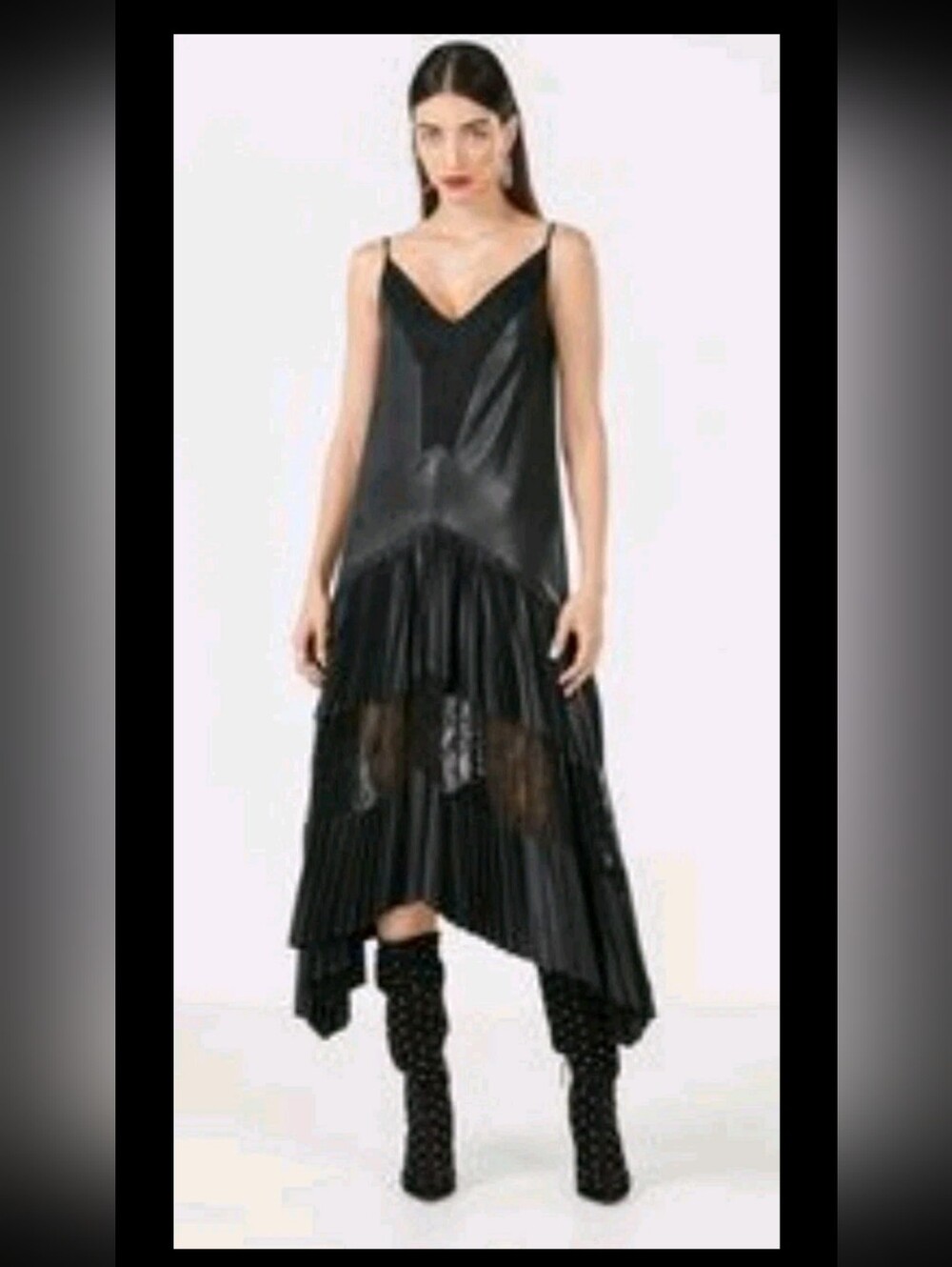 New With Tag BCBGMAXAZRIA FAUX LEATHER LACE INSET PLEATED ASYMMETRIC I DRESS - Picture 6 of 7